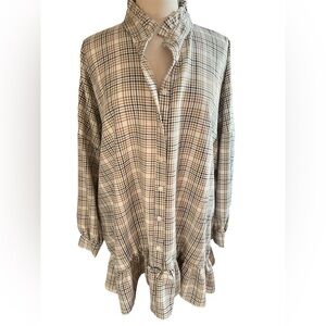 PrettyLittleThing Ivory,Beige & Black Plaid Ruffle Collar, Shirt Dress Size 10